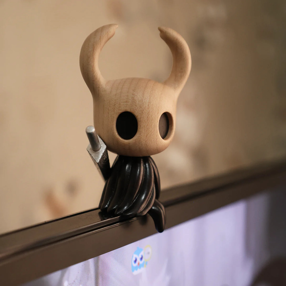Hand-finished wooden Knight figure, close-up side view