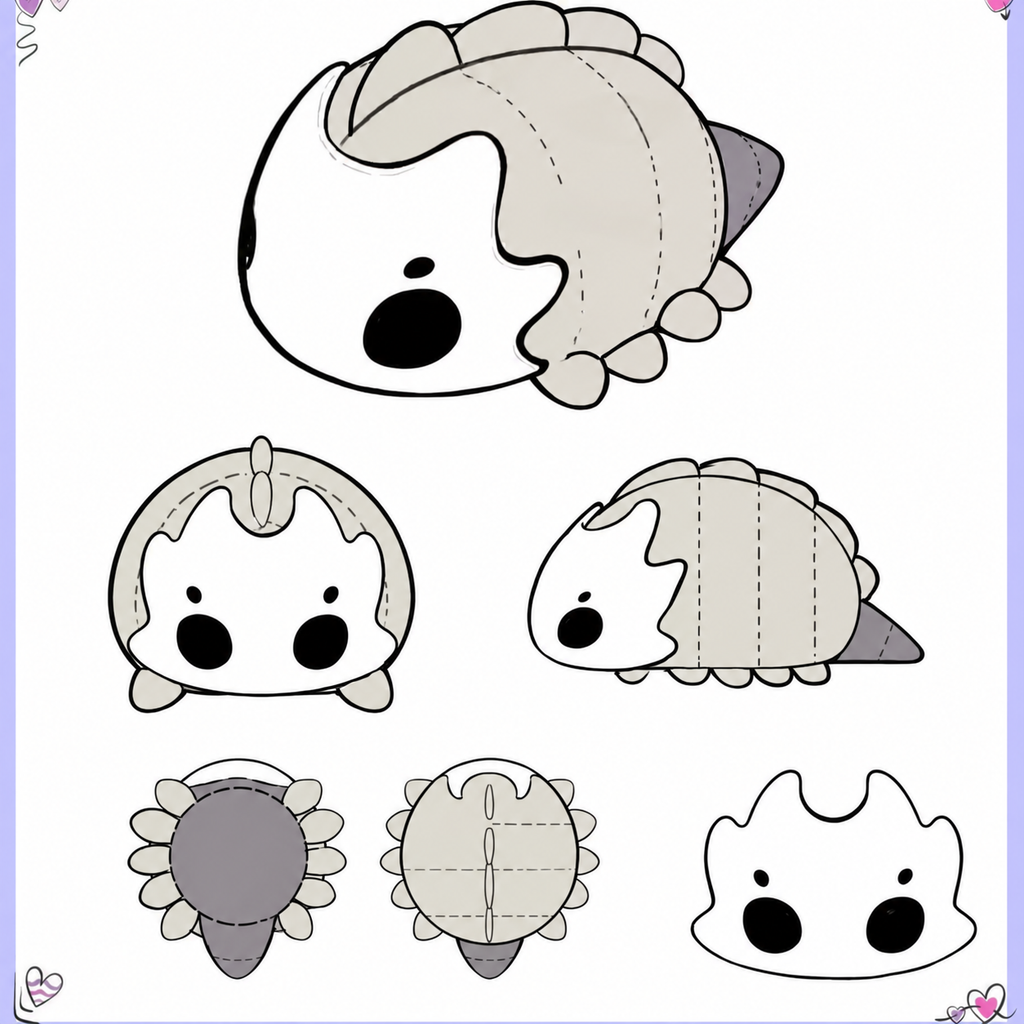 Bell Beast plush design sheet showing perspective, front, side, top, underside, and face views without text